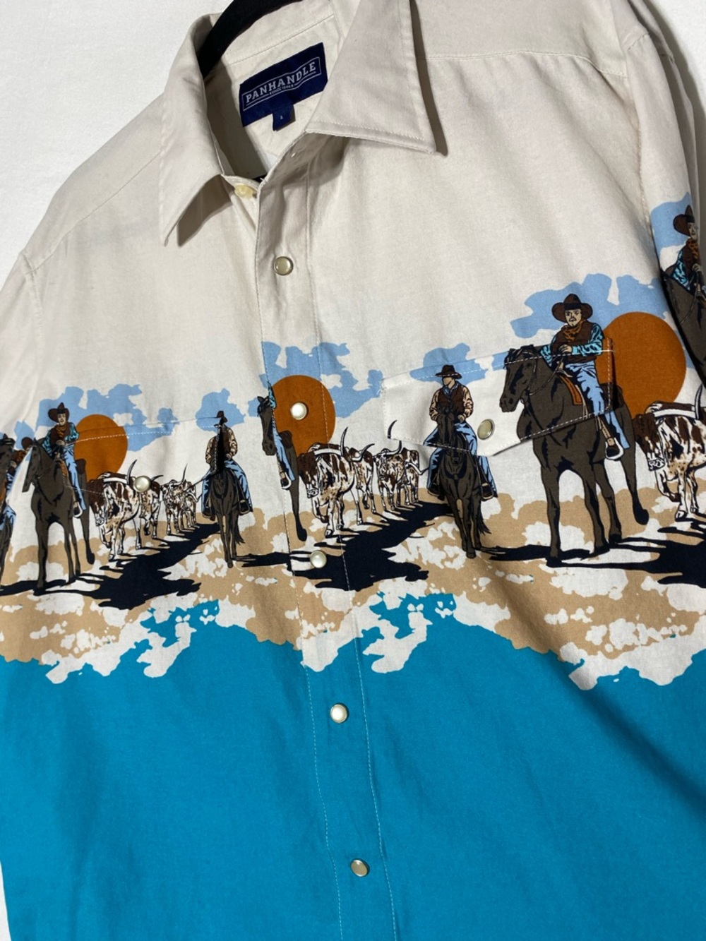 Vintage 90s Panhandle Slim Cowboy Border Print Pearl Snap Western Shirt L - Picture 7 of 14
